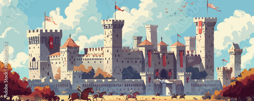 Medieval castle courtyard with knights in shining armor. Vector flat minimalistic isolated illustration.
