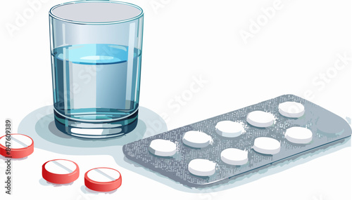 Medicine pills, glass with water isolated on white. Pharmaceutical healthcare concept. vector illustration