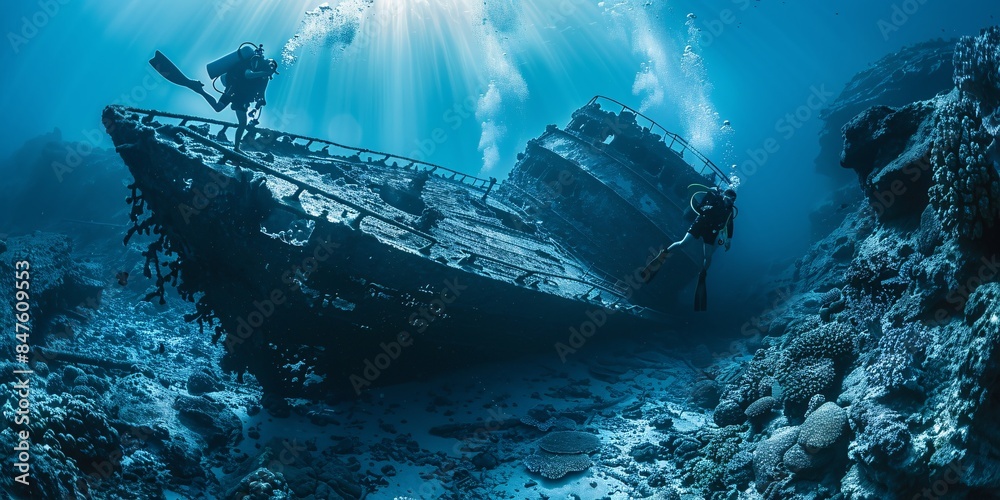 Fototapeta premium Explorers investigating the sunken vessel in the Gulf of Aqaba.