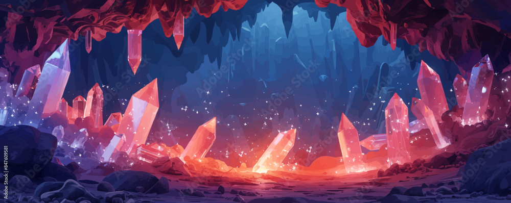 Fototapeta premium A mystical crystal cave filled with shimmering gemstones. Vector flat minimalistic isolated illustration.