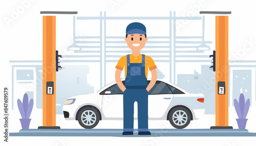 portrait of mechanic stand near damage car repair center or garage. Workshop station. Vector illustration