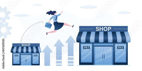 Business growth. Development of the company. Small businesses change or develop into large business. Progress, increase earnings. Confident businesswoman