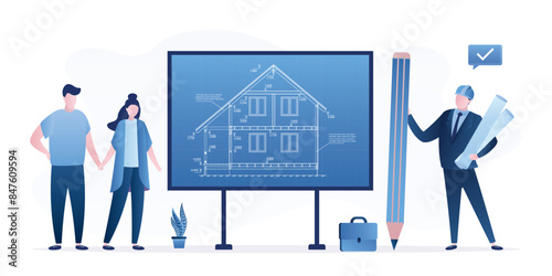 Engineer architect presenting blueprint house plan drawing for clients. Love couple analyzes sketch of construction, industrial skeleton of structure and dimensions.