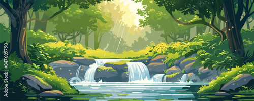 Enchanted forest glen with a babbling brook Vector flat minimalistic isolated illustration