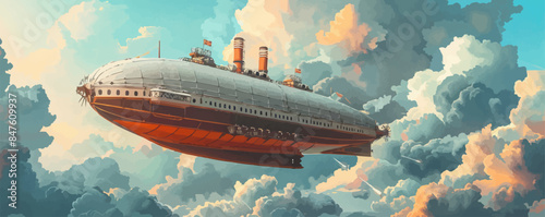 Steampunk airship sailing through stormy skies Vector flat minimalistic isolated illustration