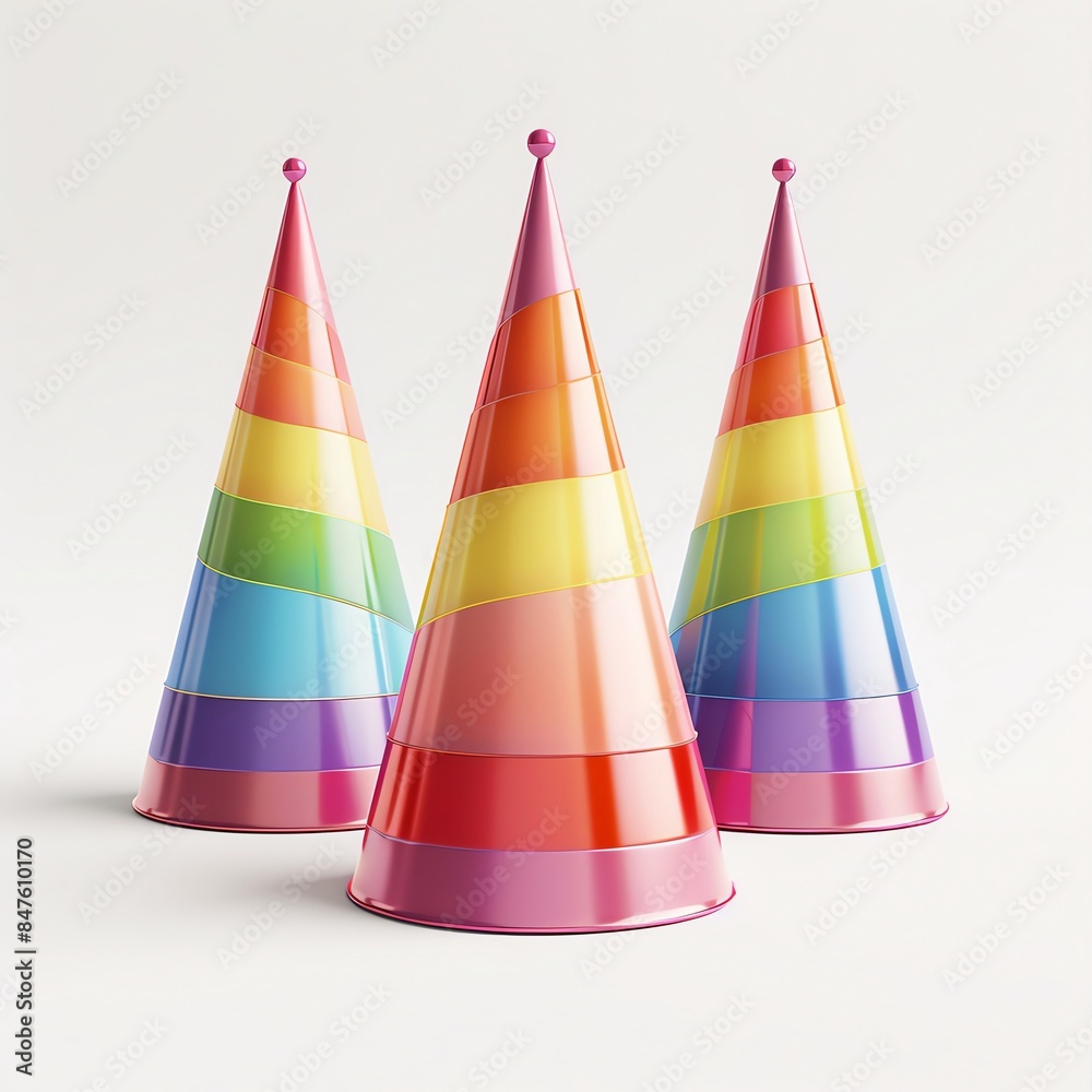 A 3D illustration of party hats in vibrant rainbow colors worn proudly against a backdrop of pure white A 3D illustration of party hats in vibrant rainbow colors worn proudly against a backdrop of pure white