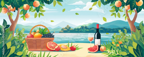 A tranquil riverside picnic with a basket of fresh fruit and a bottle of wine. Vector flat minimalistic isolated illustration.