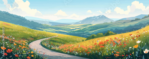 A tranquil countryside road winding through rolling hills and fields of wildflowers. Vector flat minimalistic isolated illustration.