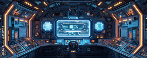 Sci-fi spaceship interior with control panels Vector flat minimalistic isolated illustration