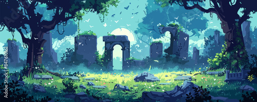 Mystical forest with ancient ruins and enigmatic creatures. Vector flat minimalistic isolated illustration.