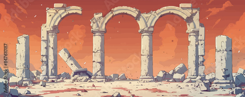 Ancient ruins with weathered stone columns and crumbling arches Vector flat minimalistic isolated illustration