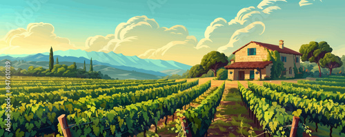 A tranquil countryside vineyard with rows of grapevines and a stone farmhouse. Vector flat minimalistic isolated illustration.