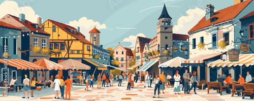 Medieval market square bustling with activity Vector flat minimalistic isolated
