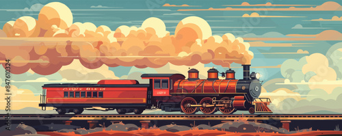 Vintage train chugging along tracks Vector flat minimalistic isolated illustration