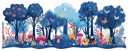 A mystical forest glade with glowing fireflies and hidden treasures. Vector flat minimalistic isolated