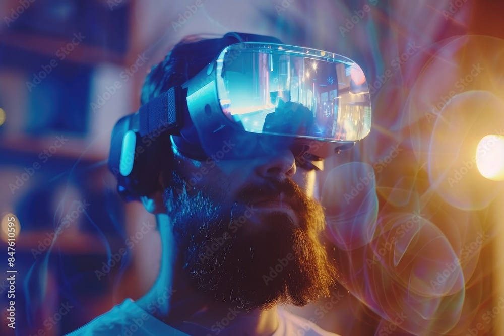 Man using VR headset in modern loft studio. Man using VR headset in modern loft studio.