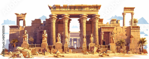 Ancient temple ruins with intricate carvings and statues Vector flat minimalistic isolated illustration