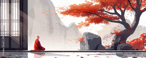 Zen master imparting ancient wisdom in a serene monastery. Vector flat minimalistic isolated illustration.