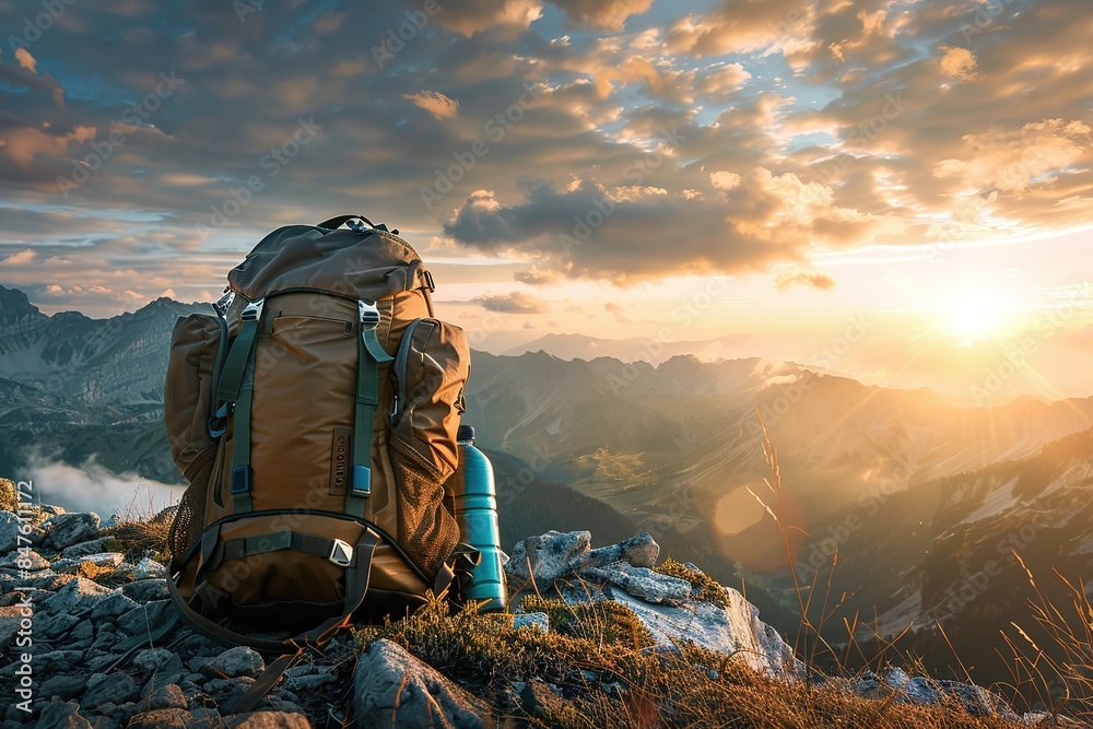Perfect camping. Close up of boots and rucksack backpack in mountains. Camping explorer equipment footwear concept Perfect camping. Close up of boots and rucksack backpack in mountains. Camping explorer equipment footwear concept