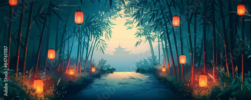 Lantern-lit path winding through a tranquil bamboo forest. Vector flat minimalistic isolated illustration.
