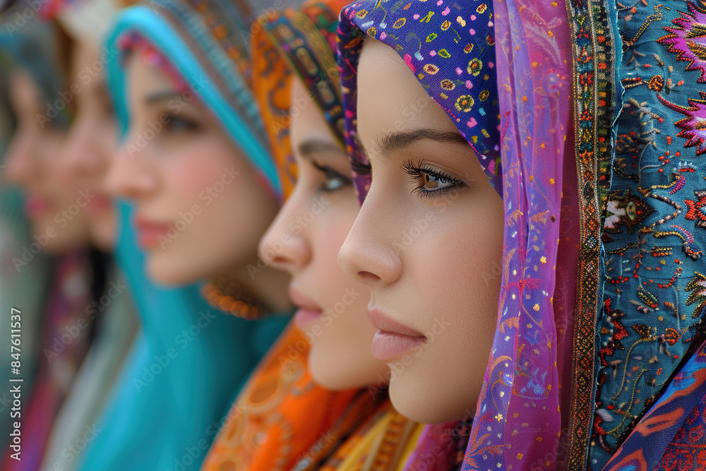 Side view of oriental women in traditional clothing standing in a row. Eastern culture. Generated by artificial intelligence