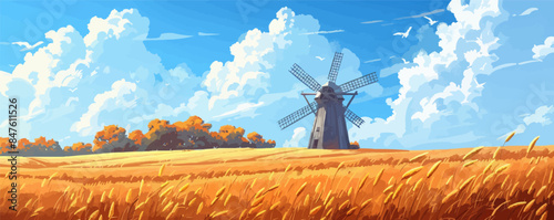 Quaint countryside windmill with a wheat field and blue sky Vector flat minimalistic isolated illustration