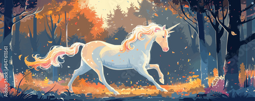 Whimsical unicorn prancing through a magical forest. Vector flat minimalistic isolated illustration.