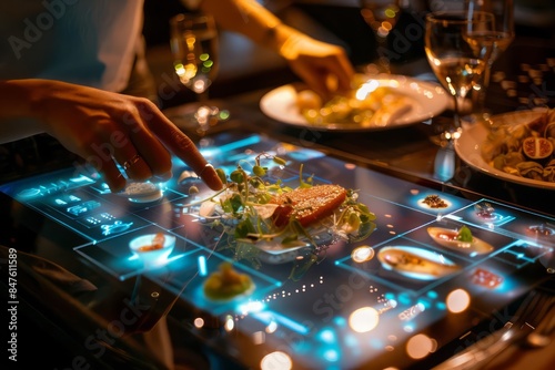 Fototapeta Naklejka Na Ścianę i Meble -  Augmented reality menus in a conceptual hightech dining experience providing immersive visual previews of meals