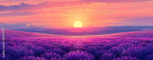A radiant sunset casting golden hues over a field of blooming lavender. Vector flat minimalistic isolated