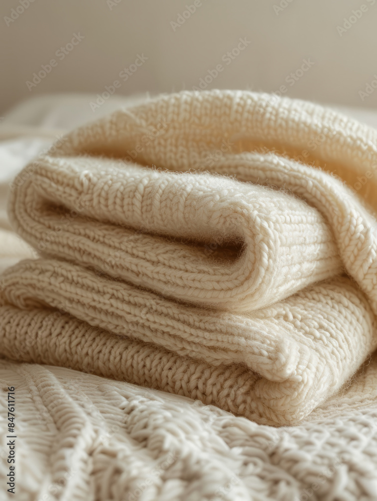 Folded beige knitted blankets on a bed.