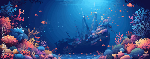 Underwater shipwreck surrounded by coral and marine life. Vector flat minimalistic isolated
