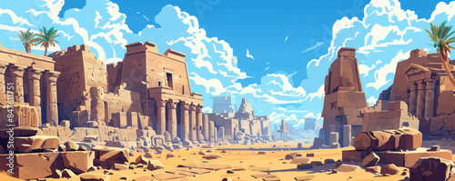 Ancient ruins with intricate stone carvings and hieroglyphics. Vector flat minimalistic isolated