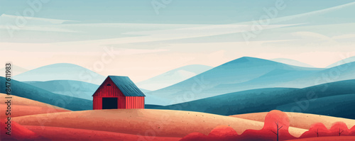 Quaint countryside barn with rolling hills Vector flat minimalistic isolated