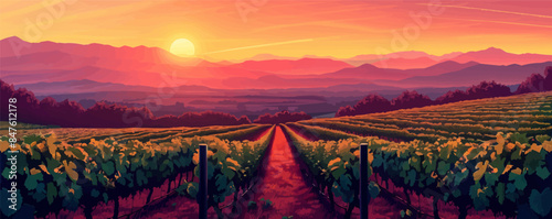 A picturesque vineyard at sunset, with rows of grapevines stretching into the distance. Vector flat minimalistic isolated