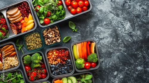 Fototapeta Naklejka Na Ścianę i Meble -  Healthy plastic school lunch box with sandwich, fruits, and vegetables for kids with copyspace