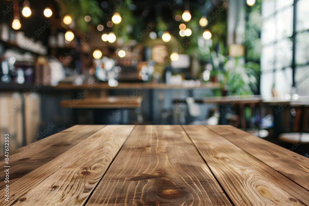 Empty wooden table in a modern cafe with blurred background Empty wooden table in a modern cafe with blurred background