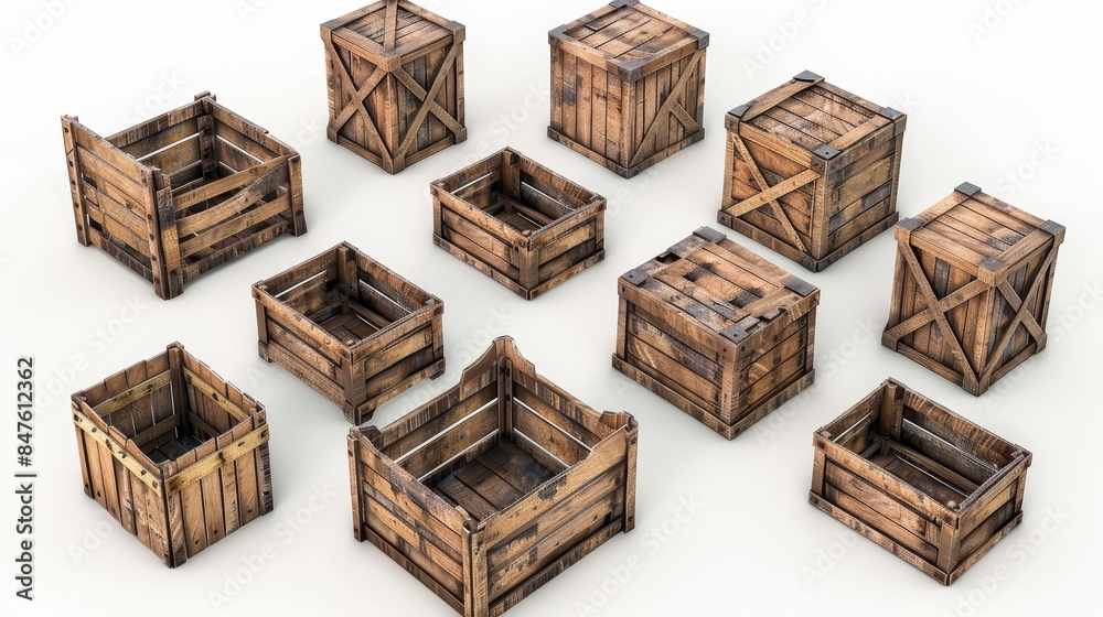 3D isometric view of shipping wood crates, grouped together against a white background, featuring realistic textures and detailed rendering 3D isometric view of shipping wood crates, grouped together against a white background, featuring realistic textures and detailed rendering