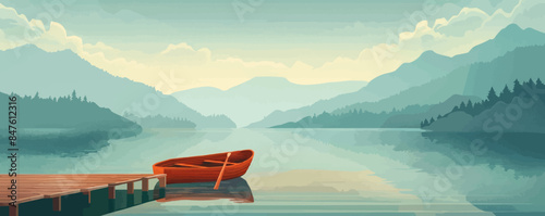 Serene lakeside dock with a rowboat. Vector flat minimalistic isolated