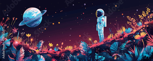 Space explorer discovering a new planet with strange flora and fauna. Vector flat minimalistic isolated