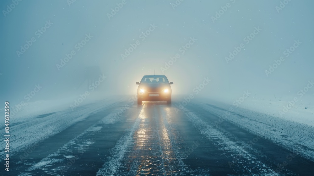 Car driving through dense fog on a snowy, rainy road, headlights ...
