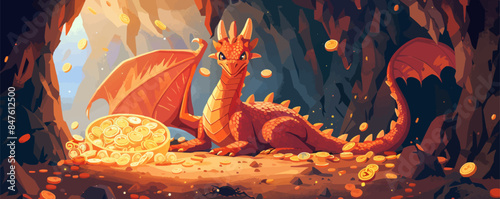 Fantasy dragon resting in a cave filled with treasure Vector flat minimalistic isolated