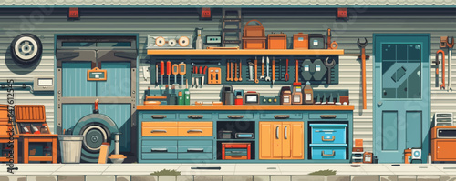A messy tool shed. Vector flat minimalistic isolated
