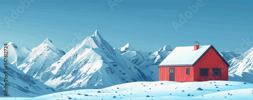 Quaint alpine chalet nestled amidst snow-capped mountains. Vector flat minimalistic isolated
