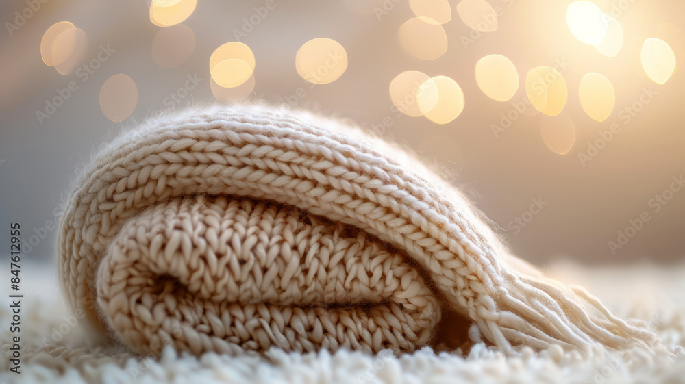 Soft knitted wool blanket rolled up with bokeh lights in background. Soft knitted wool blanket rolled up with bokeh lights in background.