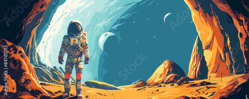 Sci-fi astronaut exploring an alien cave system Vector flat minimalistic isolated