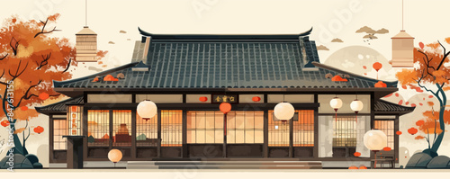 Traditional Japanese house with paper lanterns. Vector flat minimalistic isolated