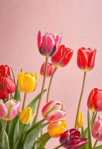 Vibrant tulips in a bouquet, with pink background. photo