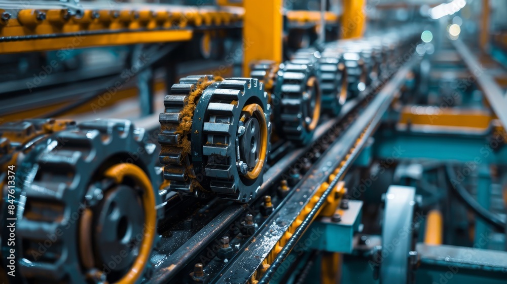 Advanced belt crawler system in a high-tech factory, casting industrial parts including pulleys, detailed and modern equipment Advanced belt crawler system in a high-tech factory, casting industrial parts including pulleys, detailed and modern equipment