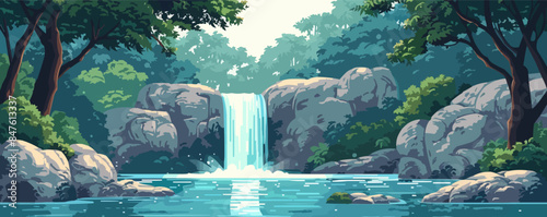 Waterfall cascading into a serene pool. Vector flat minimalistic isolated