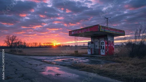 Abandoned gas station by a quiet rural road, illuminated by the soft glow of the setting sun, capturing a moment of stillness